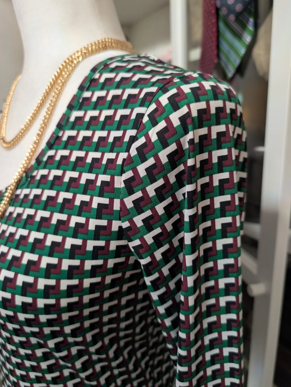 Michael Kors Black, Green & White Geo-Print Long Sleeve Fit-and-Flare Top